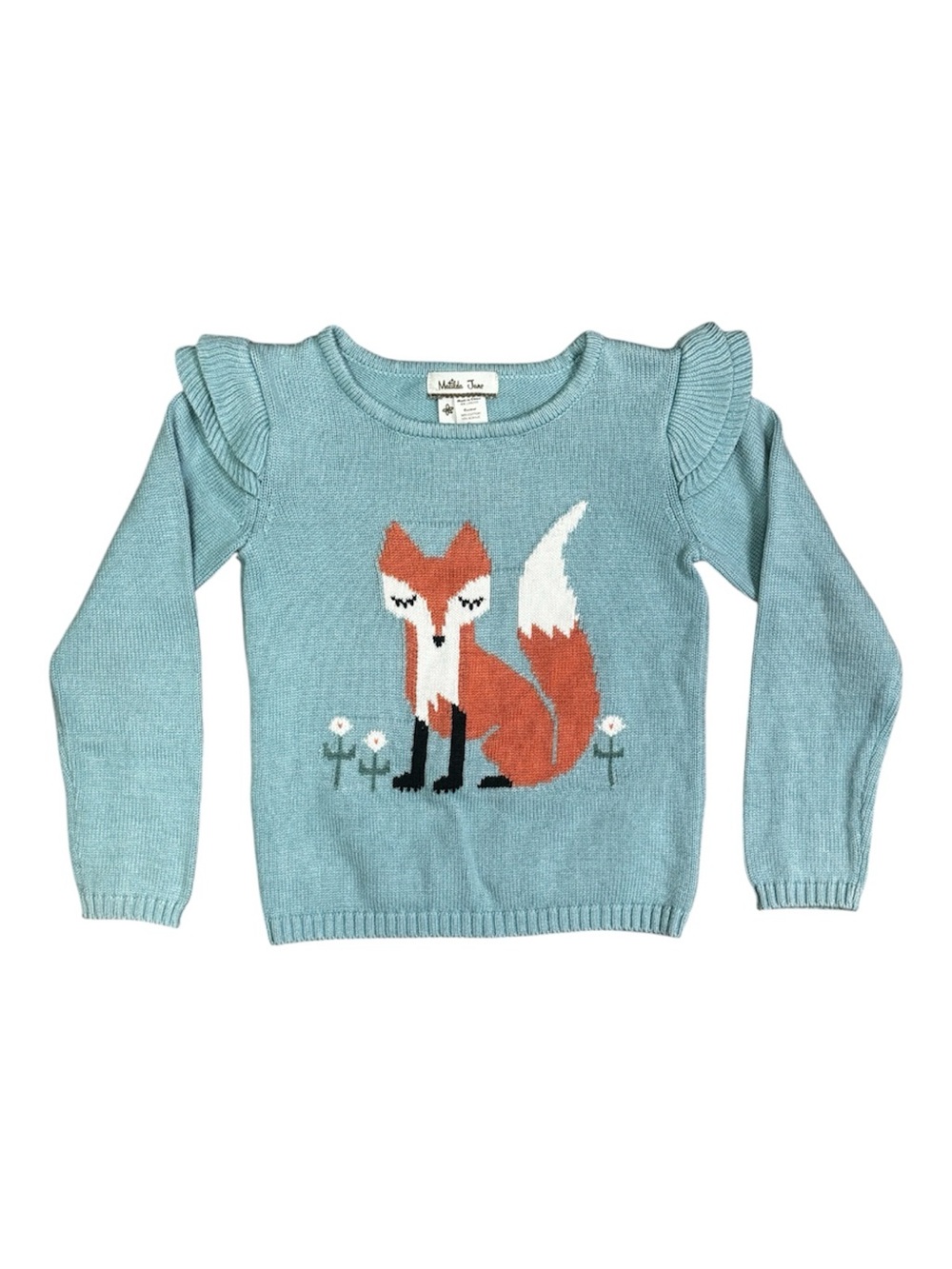 Matilda Jane Light Blue Fox Knit Sweater with Ruffle Shoulders